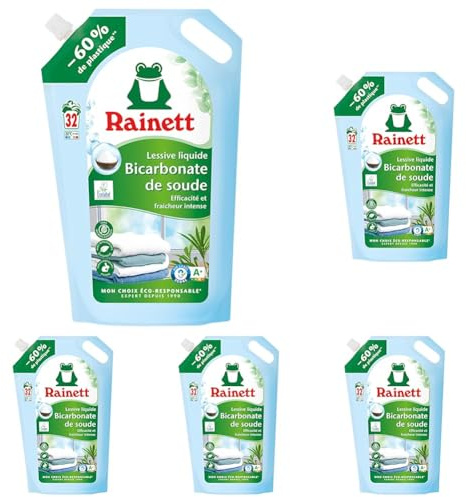 RAINETT - Lessive Liquide - Tensioactifs d'Origine Végétale - Efficace Dès 20° - Ecolabel - Bicarbonate - 32 Lavages - Éco-Recharge 1,6 L (Lot de 5)