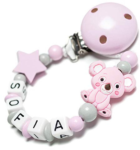 Personalisierte Baby Schnullerkette mit Namen – Verschiedene Modelle für Jungen und Mädchen, Perfektes Geschenk für Babys (pink, silikon, Koala)