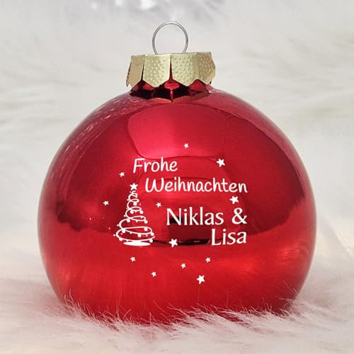 Personalisierte Weihnachtskugel mit eigenem Namen aus Echtglas, 8 cm (01_Rot, Tannenbaum)