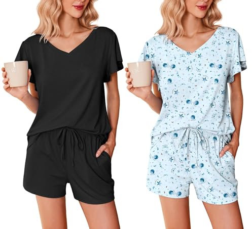 Ekouaer Pijama Mujer Verano Pijama Corto Mujer Paquete de 2 Mangas con Volantes Escote en Pico Suave Camiseta y Pantalón Corto, Negro + Estrellas Azul Claro, M