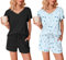 Ekouaer Pijama Mujer Verano Pijama Corto Mujer Paquete de 2 Mangas con Volantes Escote en Pico Suave Camiseta y Pantalón Corto, Negro + Estrellas Azul Claro, M