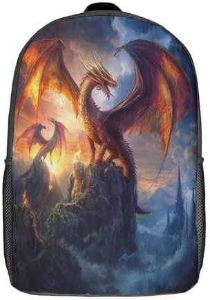 WENNUAN Drache Schulrucksack Teenager Kinder Große Schule Rucksack Schultasche Mountain Sonnerise Schulranzen Ranzen Seite Versteckte Taschen School Bag 17inch
