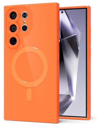 Svanove for Samsung Galaxy S24 Ultra Phone Case Silicone Magnetic, Compatible with Magsafe Case Cute for Women, Girly Bright Color Glossy Jelly Slim Hard Mag Safe Rubber & Camera Cover, Neon Orange