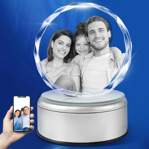 Dilamus Crystal Photo Customized, Crystal Picture Personalized With Your Own Photo for Him Her Mom Dad, Laser Engraved Glass Photo With LED Rotating Base Memorial Gift for Anniversary Birthday Wedding