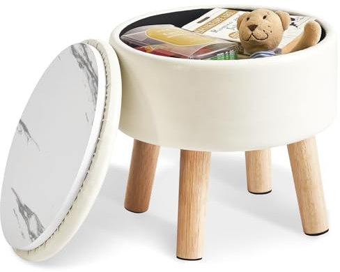 IBUYKE 13” Kleiner Fußhocker Ottomane mit Stauraum, Runde Pouffe Fußablage Hocker mit Gepolstertem Sitz und Deckel, PU Leder Mini Ottomane Fußstütze für Wohnzimmer Couch Eingang, Beige WBD023W
