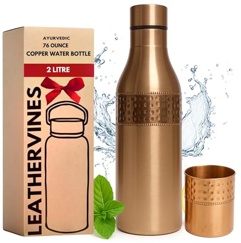 LEATHERVINES 100% Pure Copper Water Bottle - Handcrafted 2 Liter (76 oz) Extra Large Ayurvedic Copper Vessel - Leak-Proof Drinking Flask - Hammered Bottle for Hydration, Gym, Office, Travel