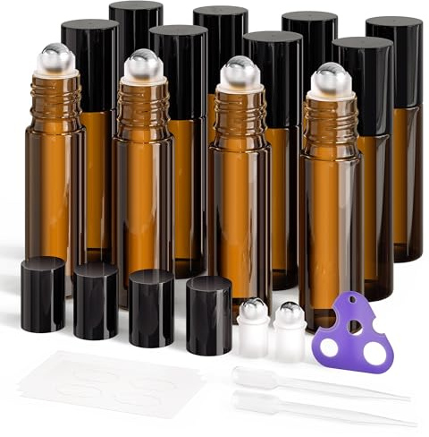 ULG 10ml Roll-On Fläschchen aus Dickem Bernstein-Glas mit Zubehör—Sanftes Auftragen & Auslaufsicher, Ideal für DIY-Öle, Parfums, Lipgloss & Anti-Juckreiz-Lotionen, 12er-Set
