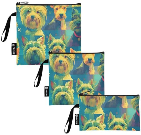 Confezione da 3 sacchetti riutilizzabili per alimenti, con cani gialli verdi e gialli, per lavoro, ufficio, viaggi, picnic