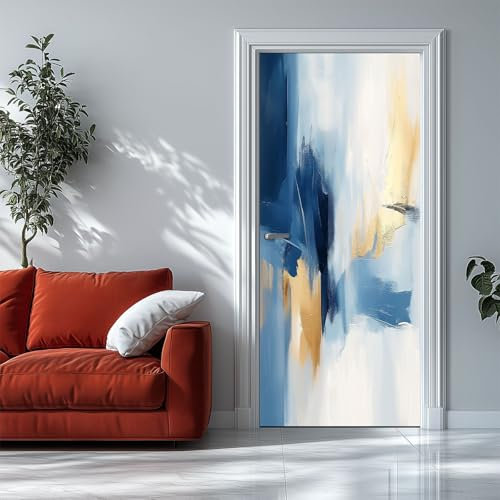 Adesivo Porta Interne 3D Dipinto Astratto Blu Oro 95x215cm Fotomurali Autoadesivi Per Porte In Vinile, Carta Parati Porta Art Applique Per Soggiorno Cucina Camerette