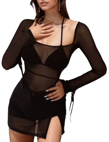 EMOTTOS Women's Square Neck Mesh Mini Dress, Sexy See Through Long Sleeve with Adjustable Straps, Lace Dresses with Split Hem Tight Clubwear Night Out Club Party for Ladies, Black, L