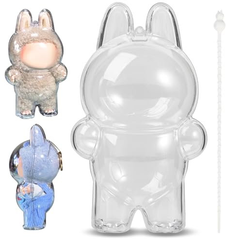 Protective Case for LABUBU Plastic Case with Silicone Strap, Portable Dustproof Doll Holder, Clear Display Case for Standing LABUBU The Monsters Blind Box Figures (No Doll)
