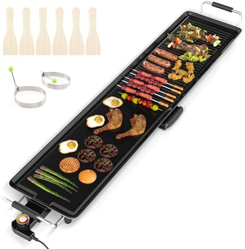 COSTWAY Teppanyaki Grill 1800W, Elektrische Grillplatte, Antihaft Tischgrill mit Einstellbarer Temperatur, Thermostat und Fettauffangschale, Elektrogrill für drinnen & draußen (100cm)