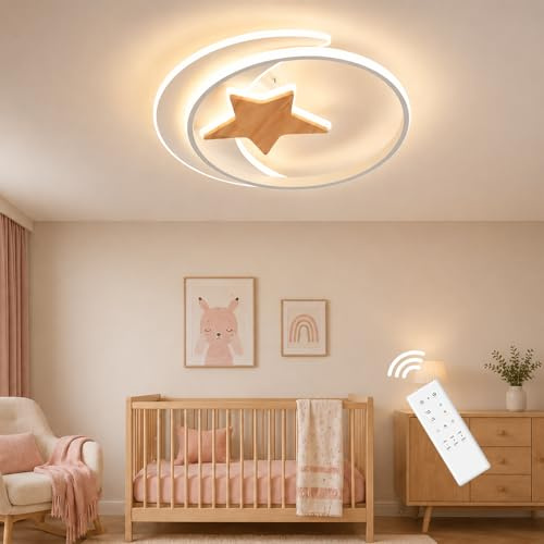 Hjldaeu LED Deckenlampe Kinderzimmer, 40CM Holz Kinderzimmer Lampe Decke Dimmbar Deckenlampe mit Fernbedienung, 32W Deckenleuchte Schlafzimmer Kinderzimmerlampe für Wohnzimmer