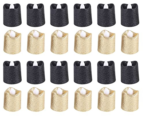 arlote 24 Paquets de Bougies Votives sans Flamme DoréEs à Paillettes Noires LED Bougies Chauffe-Plat à Piles Support de LumièRe Jaune Chaud