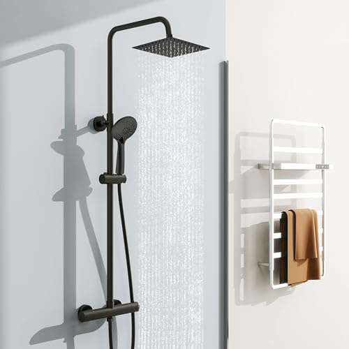 Simple Bathroom Thermostatic Shower Set - Black Square 20cm Overhead Shower(304 Stainless Steel), with Round Handset & Valve, Anti-Leak Hose, Anti-Scald, Easy Install