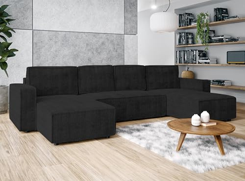 AXLIVING Aydin U Sofa Wohnlandschaft mit Schlaffunktion Dunkelgrau | Liegefläche: 298 × 124 cm. Cordstoff: weich, strapazierfähig, PET-FRIENDLY. Praktischer Bettkasten. Wellenfedern.