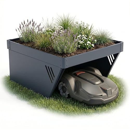 Graviers Garage pour robot tondeuse avec bac à plantes, anthracite RAL 7016, abri pour robot tondeuse à gazon, protection solaire et protection contre la pluie, en acier, 60 x 70 x 39,6 cm