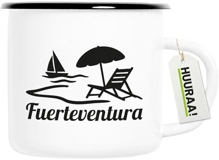 Huuraa Emaille Tasse Fuerteventura Inselmotiv Spanien Geschenk | 300ml Becher Weiß mit Schwarzem Rand Vintage Campingbecher Geschenkidee Kaffeetasse als Wohnwagen Zubehör Campingtasse