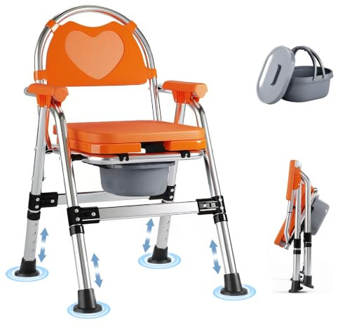 HAIORJUN Silla WC Ajustable con Orinal, Plegable hasta 200 kg | Estable hasta 200 kg, 5 alturas ajustables, con reposabrazos y cubo extraíble con tapa, fácil de limpiar