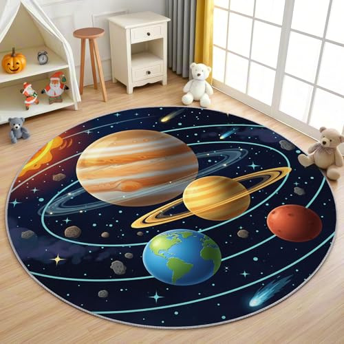 AevuCub Planeten Kinder Teppich Rund 120cm Kurzflor - Waschbare Teppiche Wohnzimmer Galaxie Weltraum Sonnensystem - Runder Teppich 120 Durchmesser - Bettvorleger Schlafzimmer rutschfest Weich