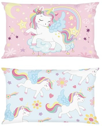 Joymaison Kissenbezüge 33x45 2er Set Kleinkind Mädchen Rosa Einhorn Blume | Deko Kissenhülle Cartoon Regenbogen für Kinderzimmer Mädchen Zuhause Dekorative Kissenbezug Kissen für Couch Sofa