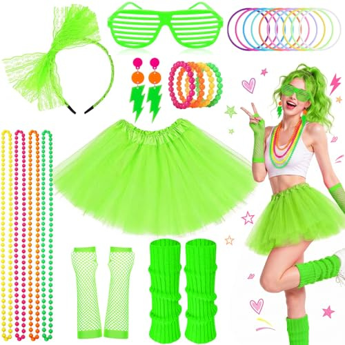 iSharely 80s Fancy Dress for Women, 1980s Costume Accessories Set | Includes Tutu Skirt Leg Warmers Gloves Headband Shutter Glasses Necklace Earrings Bracelets for Lady Retro Party Hen Night