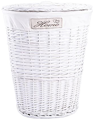 Wicker Oval Laundry Basket Bathroom Storage Laundry Bag Bin With Liner and Lid (White)