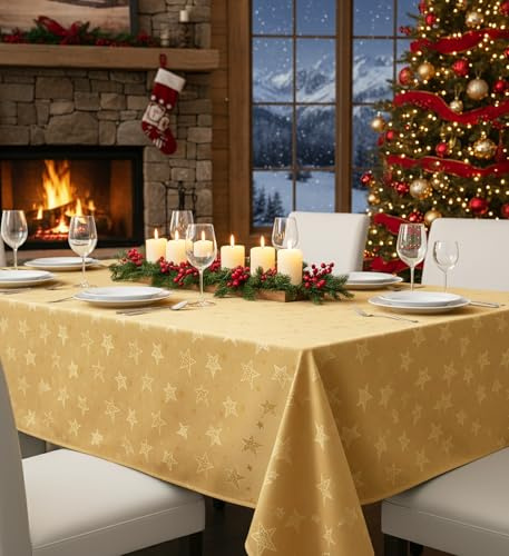 KAMACA Lotus Effekt Tischdecke Magic Stars mit Sternen Motiv - Fleckschutz Flüssigkeiten perlen einfach ab farb- & formstabil stilvoller Glanz für Advent & Weihnachten (Tischdecke 150x250 cm, Gold)