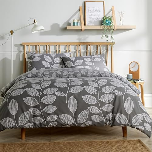 Olivia Rocco Leaves Printed Duvet Cover Set Hotel Quality Reversible Pattern Quilt Bed Cover Sets with Pillowcase, Double Grey