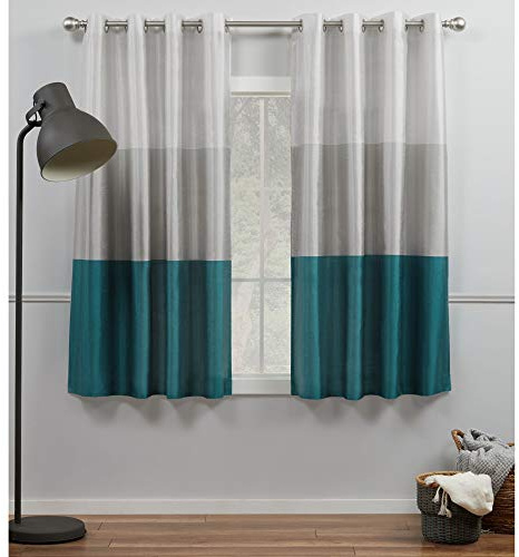 Exclusive Home Curtains Striped Faux Silk Grommet Top Curtain Panel Pair, 100% Polyester, Teal, 54x63