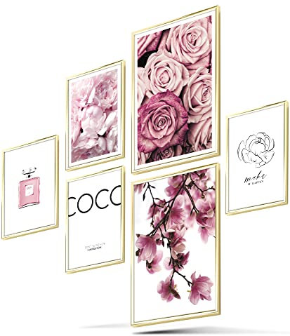 BLCKART Infinity Premium Poster Set COCO Edle Doppelseitige Magnolien Rosen Bilder Home Deko | 2x A3 | 4x A4 | ohne Rahmen (COCO FLORAL ROSE PINK | 6er, Ohne Rahmen)