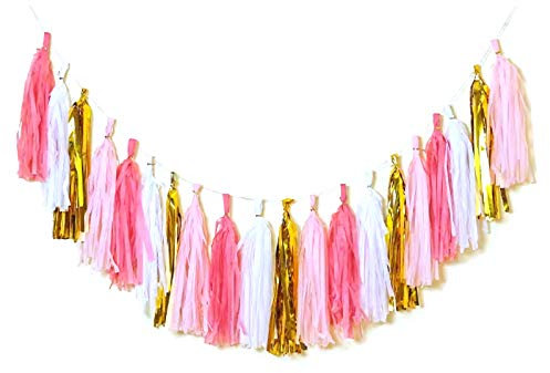 Qyeaber 20 Stück DIY Papier Quaste Lametta Folie Quaste Party Girlande Gold/Rosa/Hellrosa/Champagner, Fransen Girlande Banner für Valentinstag Hochzeit, Babyparty, Geburtstag, Abschlussfeier, Party