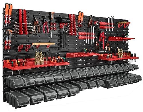 Lot de 30 boîtes de rangement empilables noir avec couvercle, panneau porte-outil 178 x 78 cm, systeme de rangement de garage atelier, banc de travail, pour outils a main