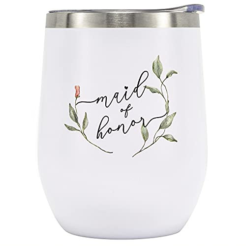 Crisky Maid of Honor Gifts – Greenery Maid of Honor Weinbecher aus Glas mit Strohhalm für Brautjungfer, I Do Crew, Bride Tribe, Team Bride, vakuumisolierter Becher mit Box, Deckel, Strohhalm