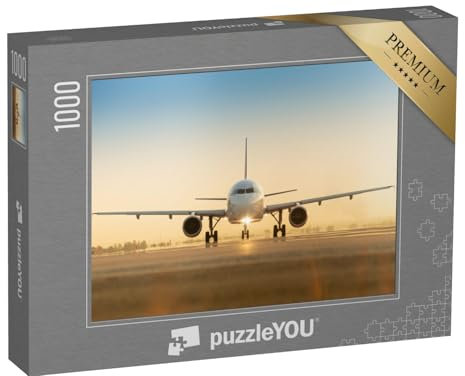 puzzleYOU: Puzzle 1000 Teile „Flugzeug auf der Landebahn im Sonnenuntergang“ – aus der Puzzle-Kollektion Flughafen, Flugzeuge