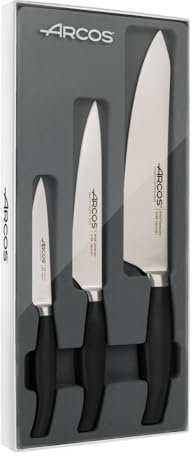 Arcos Juego Cuchillos cocina forjados 3 piezas (Cuchillo pelar + Cuchillo cocina + Cuchillo chef). Forjados en Acero Inoxidable Nitrum. Mango polipropileno POM. Serie Clara. Color negro.