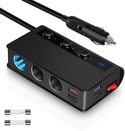 Kingwei QC 3.0 Car Charger Adapter, 180 W 12 V/24 V Cigarette Lighter Splitter 3 DC Socket Splitter with 4 USB Ports Car Charger with LED Voltmeter Switch for GPS, iPhone, iPad Tablet