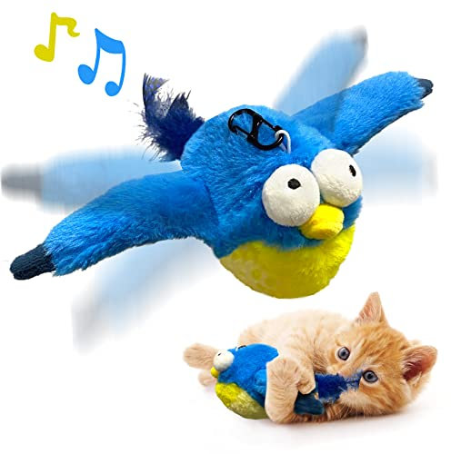 KreizyGo Cat Toys, Flapping Wings Blue-Bird, No Flying, Chirping Bird Interactive Catnip Toy for Kitten or Small Dogs, Touch Activated, Rechargeable