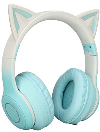 Bewinner Cute Cat Ear Gaming Headphones, LED Lights 3.5mm Wired Wireless BT Foldable Gaming Headset for PC, Laptop Headset with Noise Canceling Microphone for Gift, Game (Green)