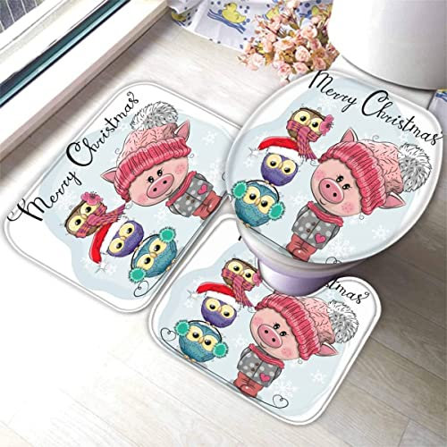 AOLIGL Badezimmermatte Set Cartoon-Schwein 3D Drucken Eule Teppich Badezimmer Badgarnitur 3teilig Mikrofaser Bath mat U-förmigen Contour Matte- WC Vorleger 40 x60