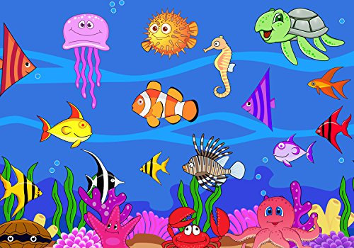 wandmotiv24 Fototapete Kinderzimmer Fische Meer, 400 x 280 cm - selbstklebende Strukturtapete, Wanddeko, Wandbild, Wandtapete, Schildkröte, Qualle, Unterwasser M0505