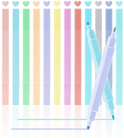 Clundoo Textmarker Set, 12 Farben Marker Highlighter, Doppelkopf 2-in-1, Pastell Farben, für Markerstifte,Tagebuchplaner, Schulen, Büros, Studenten