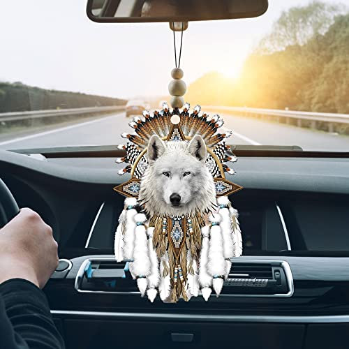 Talataca Indianer 2D Wohnung Auto Ornament & Holz Perlen Weiß Wolf Traumfänger Perlen Rückspiegel Zubehör Rückansicht Hängender Charme Weihnachtsbaum Dekor
