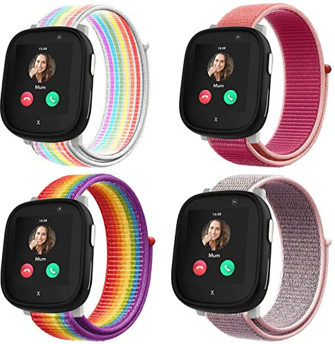 4-Stück Nylon Armbänder kompatibel mit Xplora X6/Anio 6 Armband,Kids Smartwatch Klettverschluss Mädchen Jungen Verstellbare Ersatz Bänder für X6 Play/X6 Pro,Regenbogen+Granatapfel Rot+Neon+Rosa