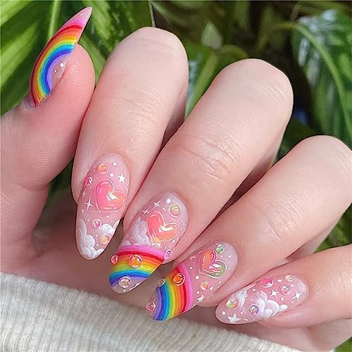 24 Stück Regenbogen Herz Künstliche Nägel Sommer Kurz Mandel Press on Nails Tips für Frauen und Mädchen Nail Art Maniküre Dekoration