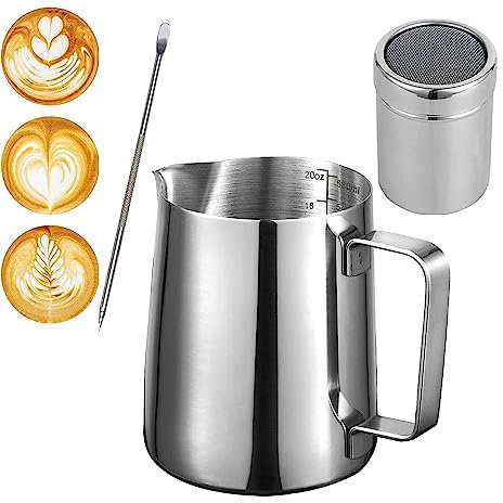 Milk Frothing Pitcher 20oz/600ml, Stainless Steel Creamer Cup, [ 16 Coffee Stencils + Latte Art Pen ], Powder Shaker for Making Coffee Cappuccino Hot Chocolate Machine