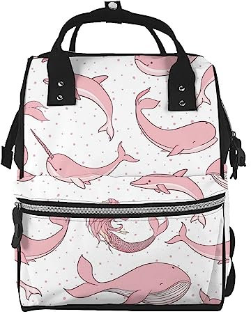 TGMALL Wickeltasche mit rosa Walen und Meerjungfrauen, Narwale und Delfine, Rucksack, College, Schule, Rucksack, lässiger Tagesrucksack, Laptop-Rucksack für Damen und Herren, mehrfarbig, One size