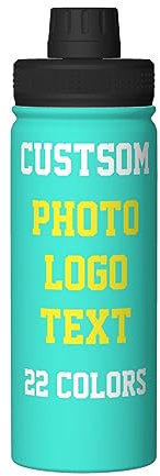 Personalised Water Bottles with Name/Photo for Kids Adults, Custom Stainless Steel Insulated Drink Bottle with Picture Text for Women Mens, Large Capacity Sports Bottle for Hiking Travel, Turquoise