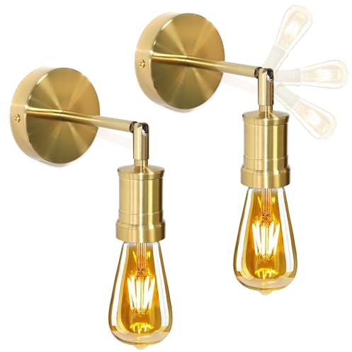 YSGUYILT 2 Stücke Wandleuchte Innen Vintage Wandlampe Gold E27 Metall Wandlampe Industrial 180° Verstellbare für Schlafzimmer Wohnzimmer Flur Cafe Bar Restaurant Hotel (Ohne Leuchtmittel)