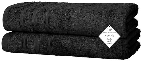 Pack of 2 Jumbo Bath Towels Sheets 100% Pure Cotton Quick Dry Gym, Spa, Hotel Quality 500-GSM Large Size Bathroom Towels 75 x 150 cm (Black)